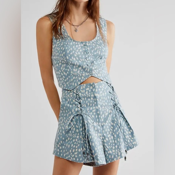 Free People Other - NWOT Free People Bennett Lace Up Tie Dot Shorts Cloud Blue White